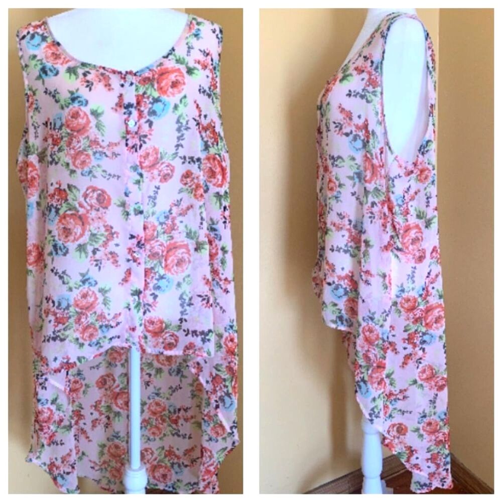 Torrid Duster Button Down Size 1X Floral Chiffon Hi-Low Tunic Top Sleeveless